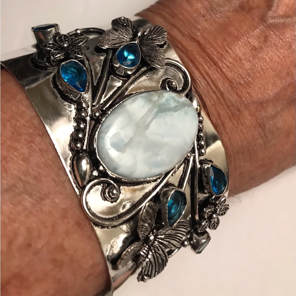Larimar Blue Topaz Stamped Solid 925 Sterling Silver Cuff Bracelet